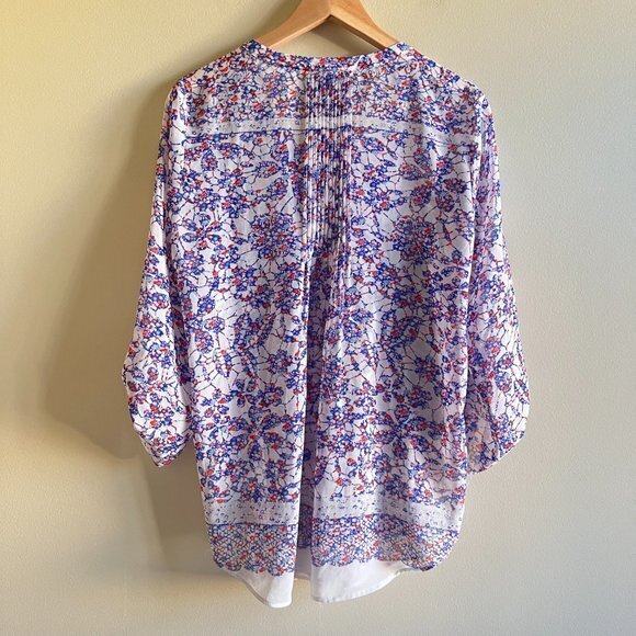 Daniel Rainn Size M Blue White Floral Semi Sheer Roll Tab Sleeve Blouse Top - Picture 3 of 4